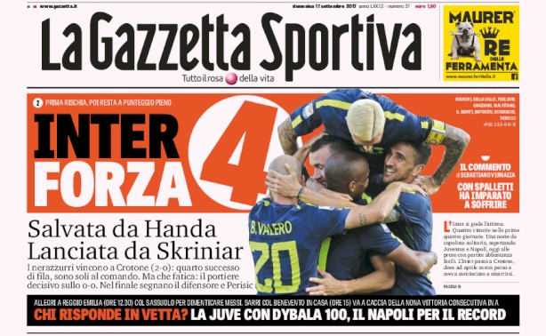 Rassegna stampa: prime pagine Gazzetta, Corriere e Tuttosport di domenica 17 settembre 2017