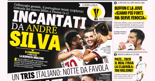 Rassegna stampa: prime pagine Gazzetta, Corriere e Tuttosport di venerdì 15 settembre 2017