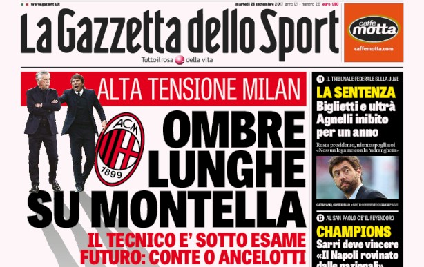 Rassegna stampa: prime pagine Gazzetta, Corriere e Tuttosport di martedì 26 settembre 2017