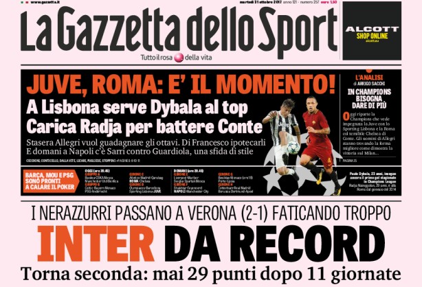 Rassegna stampa: prime pagine Gazzetta, Corriere e Tuttosport di martedì 31 ottobre 2017