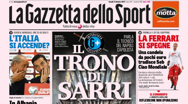 Rassegna stampa: prime pagine Gazzetta, Corriere e Tuttosport di lunedì 9 ottobre 2017