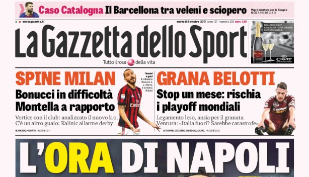 Rassegna stampa: prime pagine Gazzetta, Corriere e Tuttosport di martedì 3 ottobre 2017