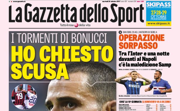 Rassegna stampa: prime pagine Gazzetta, Corriere e Tuttosport di martedì 24 ottobre 2017