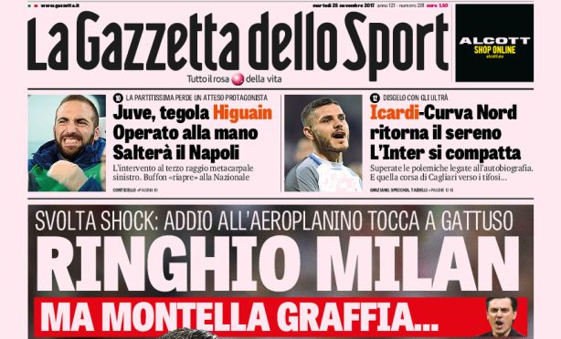 Rassegna stampa: prime pagine Gazzetta, Corsport e Tuttosport di martedì 28 novembre 2017