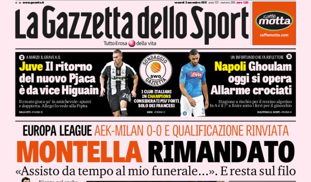 Rassegna stampa: prime pagine Gazzetta, Corriere e Tuttosport di venerdì 3 novembre 2017