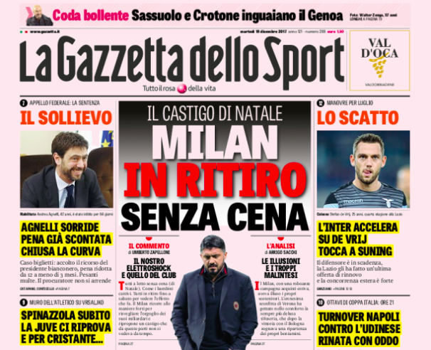 Rassegna stampa: prime pagine Gazzetta, Corsport e Tuttosport di martedì 19 dicembre 2017