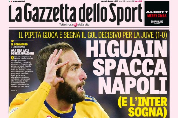 Rassegna stampa: prime pagine Gazzetta, Corsport e Tuttosport di sabato 2 dicembre 2017