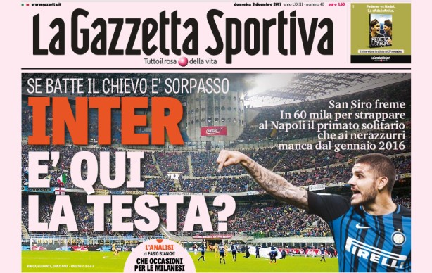 Rassegna stampa: prime pagine Gazzetta, Corsport e Tuttosport di domenica 3 dicembre 2017