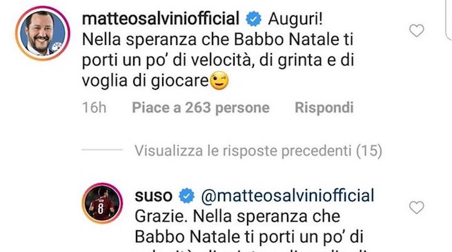 Salvini su Instagram fa gli auguri a Suso offendendolo. Il rossonero risponde per le rime