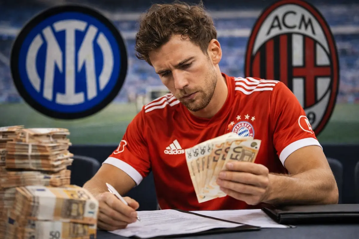 Goretzka mentre firma un contratto circondato da milioni di euro